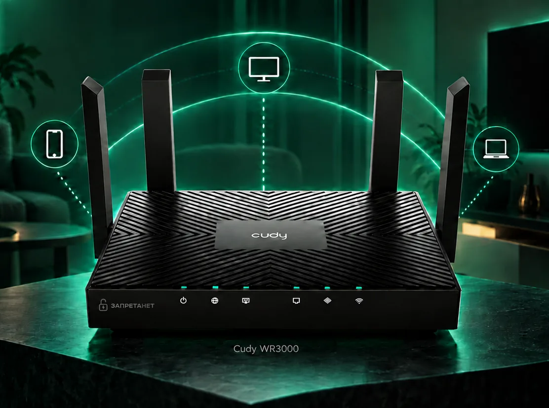 Роутер Cudy WR3000 с VPN ЗапретаНЕТ раздаёт защищённый Wi-Fi на телефон, телевизор и ноутбук